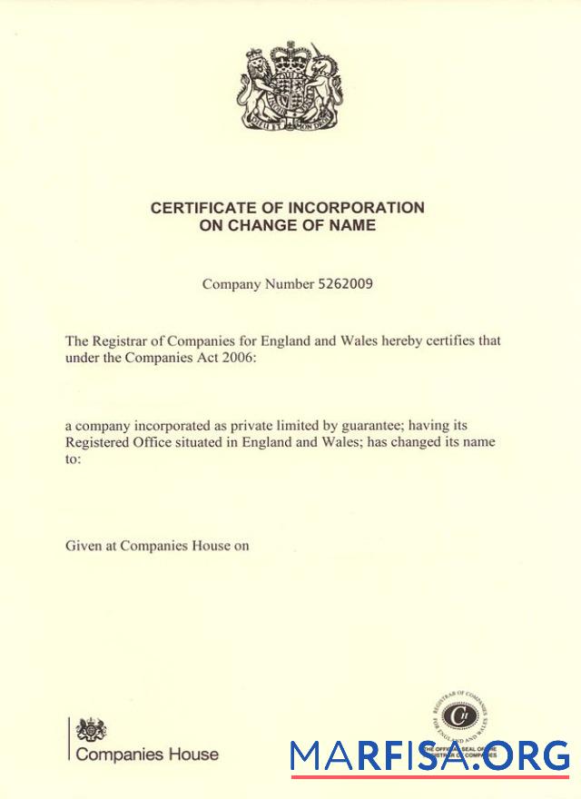 Printable USA Companies house certificate of incorporation of name change real example